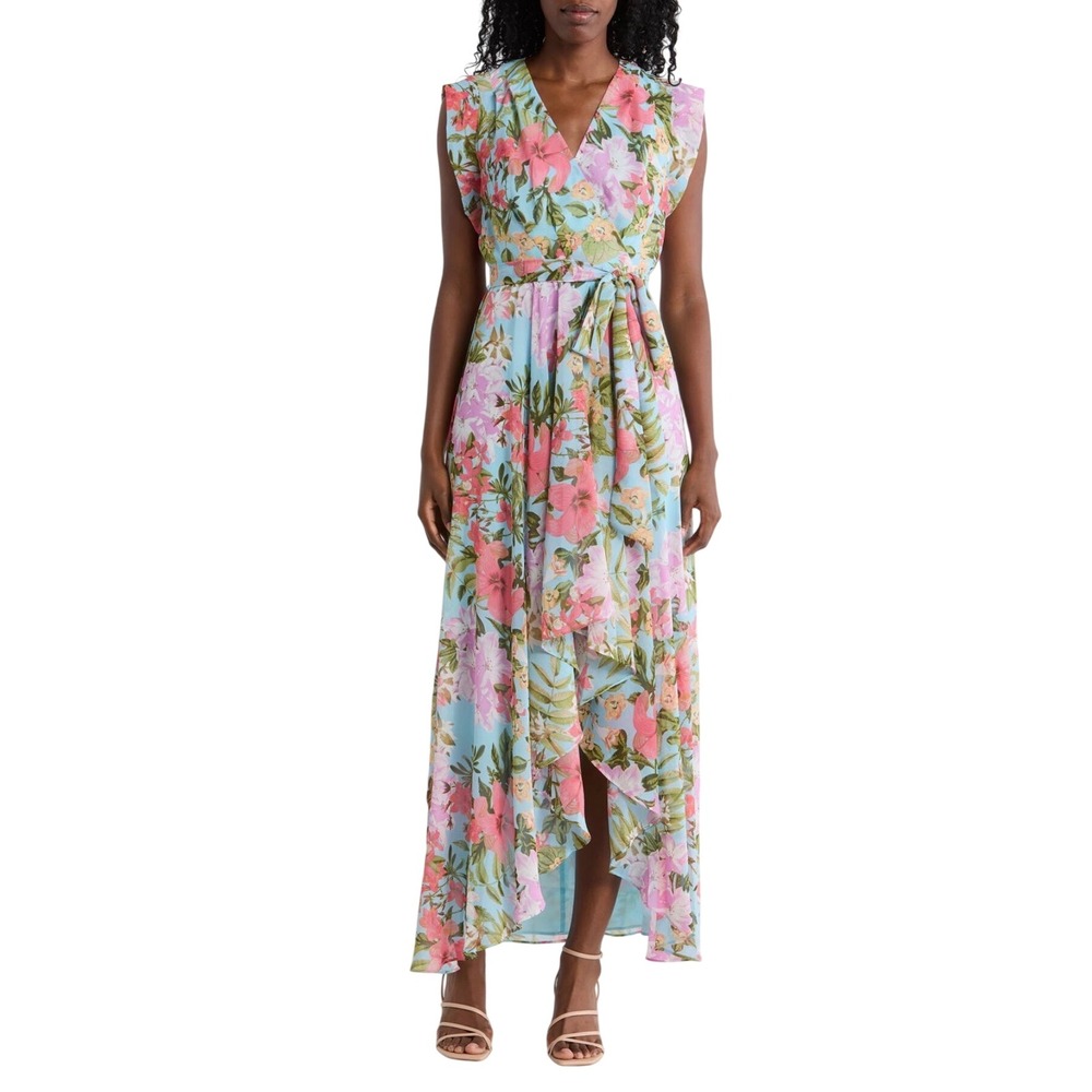 Eliza J Obi Floral Cap Sleeve High Low Maxi Light Blue Ruffle Dress Size 4